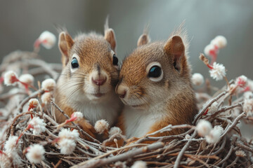 A romantic squirrel pair enjoys a cozy nest adorned with flowers
