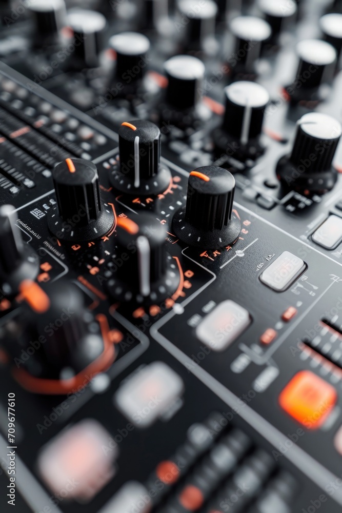 Aufkleber A close up view of a mixing board with various knobs and controls. This image can be used to illustrate music production, sound engineering, or recording equipment