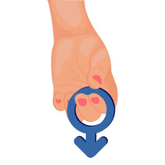 A hand holds a blue male symbol. The sign of the masculine principle in the hand. Illustration, vector