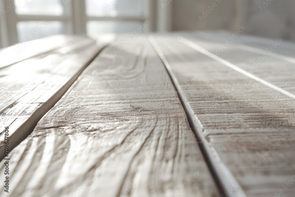 Poster A close up view of a wooden table with a window in the background. This image can be used for various purposes
