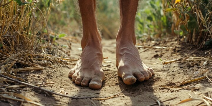 Close-up view of a person's feet covered in dirt. This image can be used to depict concepts of adventure, exploration, or getting back to nature