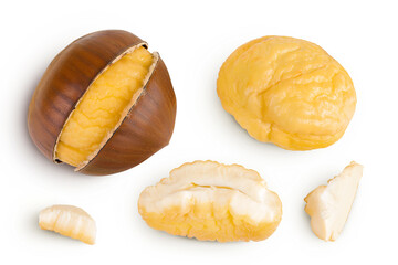 roasted peeled chestnut isolated on white background. Top view. Flat lay