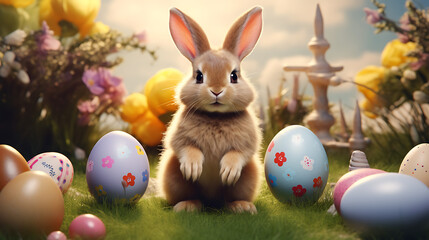 a close-up of a cute Easter bunny with a bowtie, surrounded by Easter eggs, offering an endearing image for a sweet and charming Easter card, portrayed in realistic HD detail