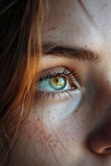 A close-up shot of a person's eye with freckles. Can be used to depict uniqueness or natural beauty