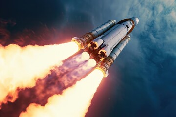 A space shuttle taking off into the sky. Suitable for space exploration and aerospace concepts