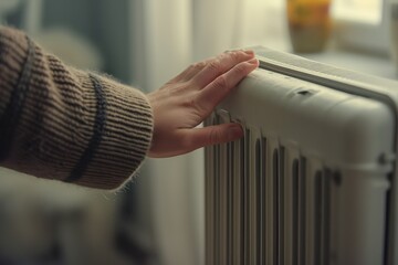 Hand and radiator, energy crisis or heating system failure. Generative AI