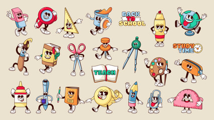 Groovy stationery stickers set vector illustration. Cartoon isolated retro comic school or office supply characters, collection of funny stationery personages, cute book and pen, pencil case to study