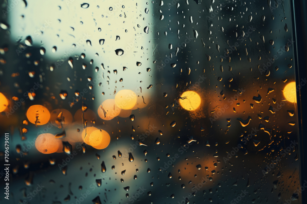 Poster window with raindrops and bokeh