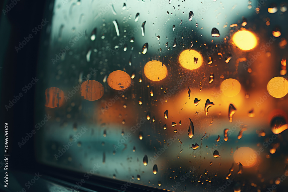 Poster window with raindrops and bokeh