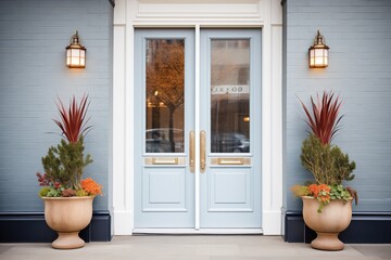 Fototapeta na wymiar elegant door with brass handle, flanked by planters