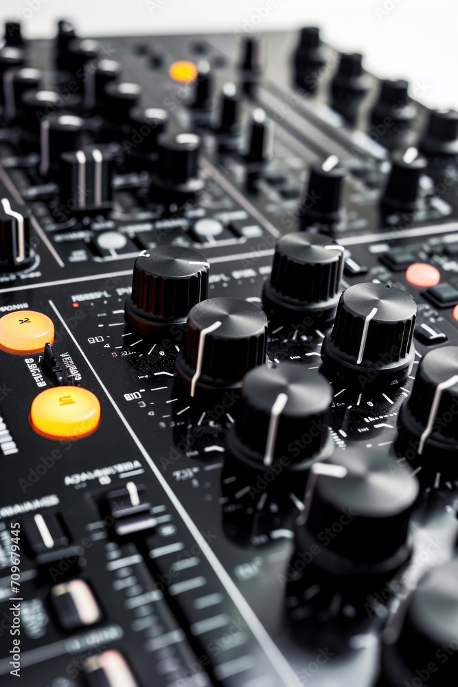 Poster a detailed close-up of the knobs on a mixing board. ideal for projects related to music production, 