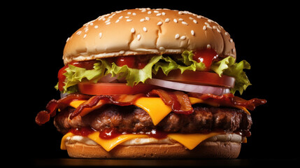 Close-up of a delicious cheeseburger with bacon, lettuce, and tomato on a sesame bun.