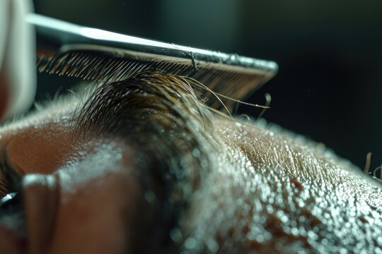 A detailed shot of someone cutting a man's hair. Perfect for barber shops, hair salons, or hairstyling tutorials