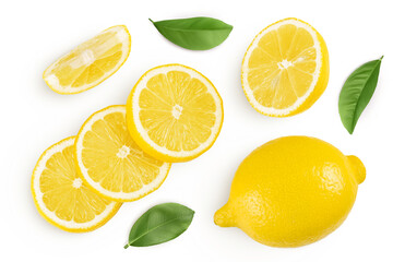 Ripe lemon with slices isolated on white background with full depth of field. Top view. Flat lay