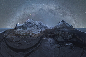 Snowy twin peaks reaching towards the arc of the Milky Way in a clear Icelandic winter night sky