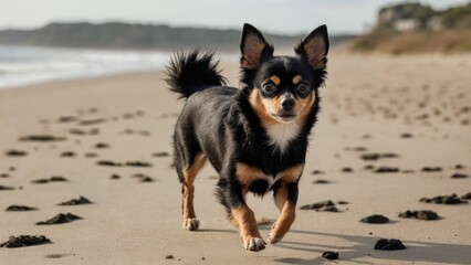 Black and tan long coat chihuahua dog running with its owner on the beach
