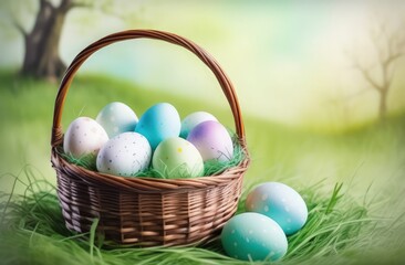 Fototapeta na wymiar Eggs hunt. Easter eggs in basket on light green grass blurred background. Holiday greeting card concept. Illustration watercolor style. Copy space.