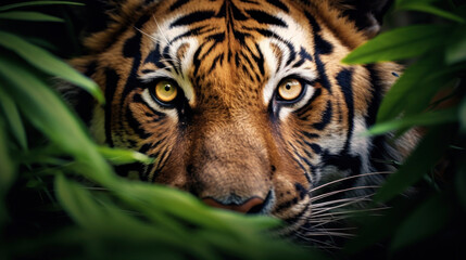 Intense gaze of a tiger camouflaged among lush green leaves in the wild.