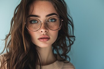 A woman wearing glasses and a cozy sweater. Perfect for lifestyle and fashion-related projects