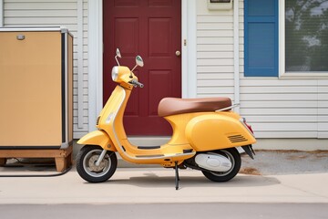 scooter with insulated box parked outside a home