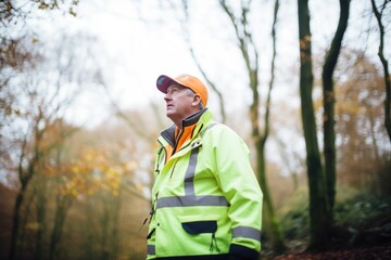 forester in highvis gear surveying woodland