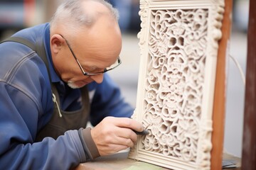 Fototapeta na wymiar expert detailing ornate carvings on a wooden