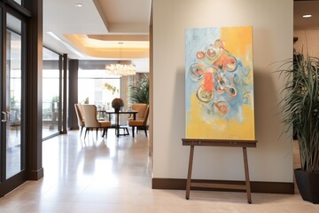 elegant open house easel in condo lobby - obrazy, fototapety, plakaty