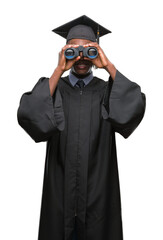 Young graduated african american man looking for a job using binoculars with a happy face standing...