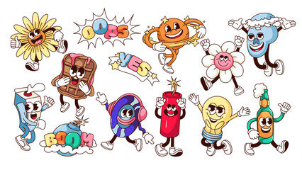 Groovy happy or surprised characters set vector illustration. Cartoon isolated retro emoji collection with surprise expressions on faces, happy flowers and beer bottle, light bulb and skull stickers - obrazy, fototapety, plakaty