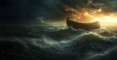 Noah's Ark in the storm at sea - theme of religious images from the Bible - obrazy, fototapety, plakaty