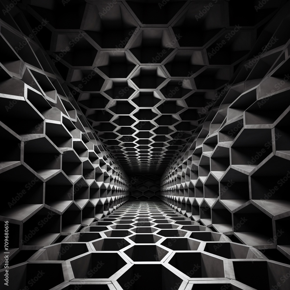 Poster abstract 3d render of hexagon tunnel. modern architecture background.