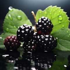 Blackberries with water drops on black background. Shallow dof.AI.