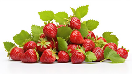 A large heap of ripe strawberries with bright green leaves, presented on a white background.