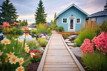 Fototapeta na wymiar cottage garden pathway to wooden dock on lake
