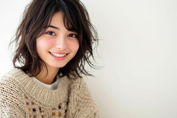 セーターを着た日本人女性のポートレート（美容・婚活・結婚・バレンタイン） - obrazy, fototapety, plakaty