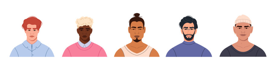 Fototapeta premium A set of avatars of modern multicultural multinational men with different hairstyles. Portraits of young men of different races for social networks. Bright vector illustration in a flat style