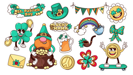 Groovy stickers for party on Saint Patricks Day set vector illustration. Cartoon isolated retro gnome and leprechaun, funny green clover characters with gold and St Patricks beer festival lettering - obrazy, fototapety, plakaty
