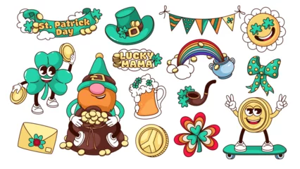 Foto op Plexiglas Groovy stickers for party on Saint Patricks Day set vector illustration. Cartoon isolated retro gnome and leprechaun, funny green clover characters with gold and St Patricks beer festival lettering © setory