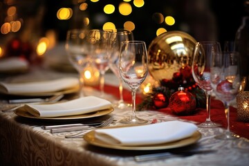 A close-up of a Christmas-themed table setting.