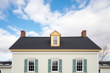 saltbox roof detail, black shutters, cloudy sky backdrop