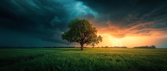 Lightning strikes a One tree in a green field. A stormy sky with thunder over country scenery. - obrazy, fototapety, plakaty