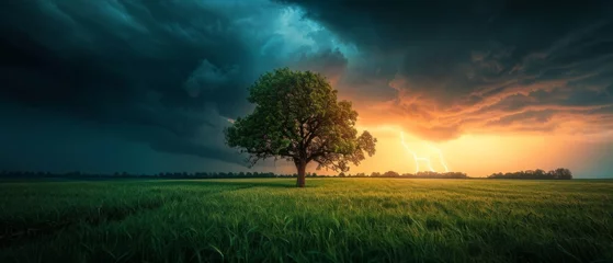 Gordijnen Lightning strikes a One tree in a green field. A stormy sky with thunder over country scenery. © ND STOCK