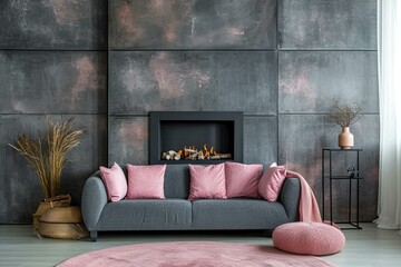 Pink pillow on the gray sofa near fireplace. Scandinavia interior design of modern living room