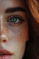 Fototapeta premium A close-up shot of a woman's face with beautiful freckles. Perfect for skincare or beauty-related projects