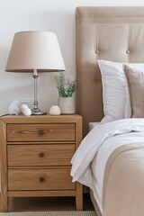 Night lamp beside of bed. Minimalist, French country interior design of modern bedroom