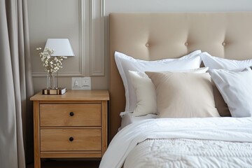 Fototapeta na wymiar Night lamp beside of bed. Minimalist, French country interior design of modern bedroom