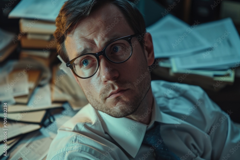 Aufkleber a man wearing glasses sits in front of a pile of papers. this image can be used to represent a busy 