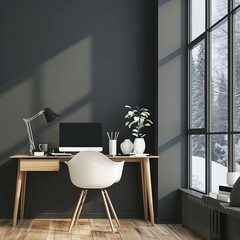 Modern office interior with white chair and table. Lamp table on top, dark concept