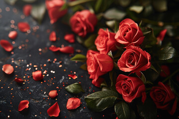 A bunch of red roses sitting on top of a table. Perfect for romantic occasions or adding a touch of elegance to any space