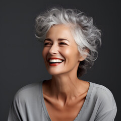 Naklejka premium Graceful Joy: Smiling Silver-Haired Senior Woman Against a Grey Backdrop - Generative AI